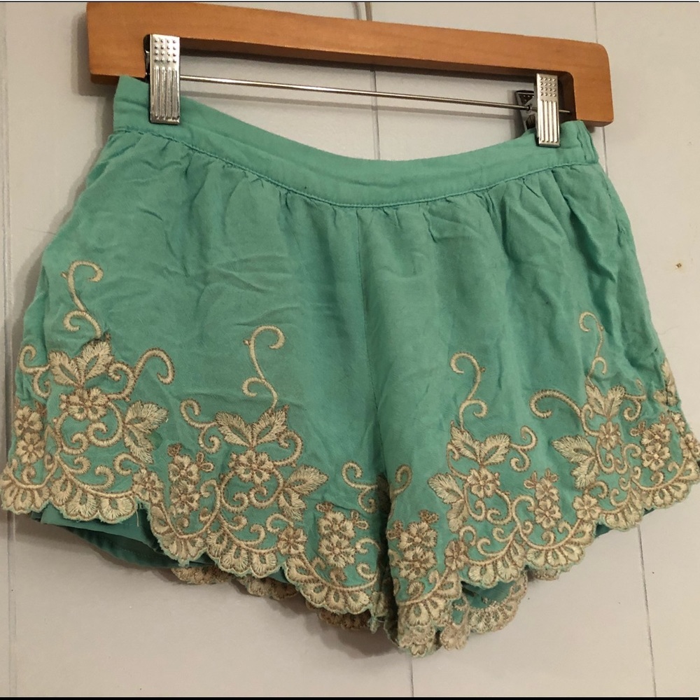 Embroidered sea foam green shorts